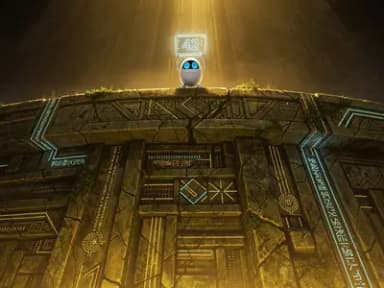 A tiny white egg-shaped robot with blue eyes perched on top of a massive ancient supercomputer covered in glowing circuits and moss, with 42 glowing in neon above