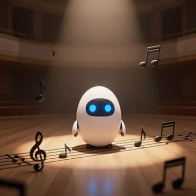 A tiny white egg-shaped robot with glowing blue eyes sitting perfectly still on a musical staff in an empty concert hall, surrounded by floating notes