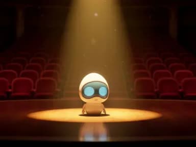 A cute white egg-shaped robot with blue eyes sitting alone on stage in a vast empty concert hall, single spotlight illuminating it, all seats empty