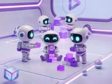 Five small robots building together with purple blocks in a lavender room. Same design, different tasks.