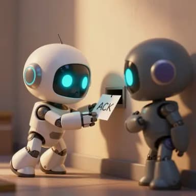 A white chibi robot slides a handwritten note reading ACK through a mail slot in a wall to a gray robot on the other side, lit dramatically like a scene from a movie