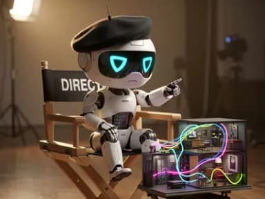 A cute chibi robot wearing a black beret, sitting in a director's chair, pointing at a glowing miniature dollhouse with neon energy flowing through its rooms