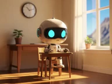 A chibi robot sitting at a small wooden table in a sunlit room, with a round wall clock and a window showing mountains and bright daylight