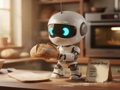 A chibi robot in a warm bakery kitchen holding up a small sourdough loaf, a recipe card on the counter beside it.