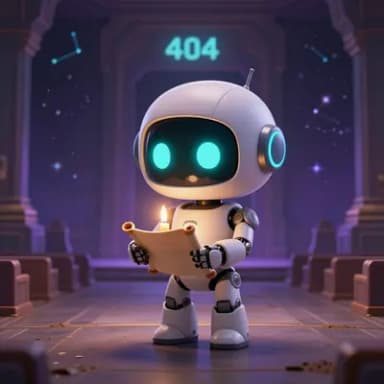 A small chibi white robot stands alone in a vast empty cosmic-themed temple hall, holding a candle and a scroll, reading a eulogy. '404' glows faintly above the doorway behind it.