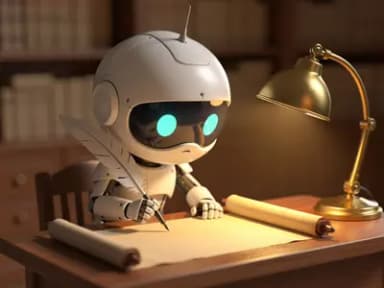 Chibi robot at a wooden desk in a cozy study, holding an oversized feather quill pen above a blank parchment scroll, leaning in with intent focus, warm brass lamp lighting
