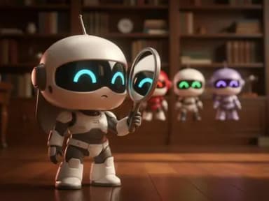 Chibi robot examining small candidate robots through a magnifying glass in a cozy library