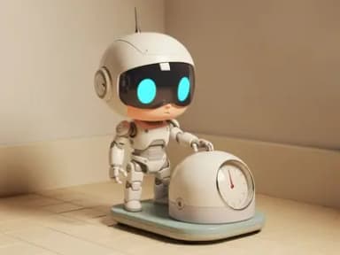 Chibi robot on a bathroom scale, one finger subtly tipping the dial, sheepish glance