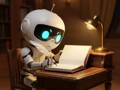 A chibi robot sitting at a warmly lit antique desk, holding a quill over a blank journal page, looking bewildered.