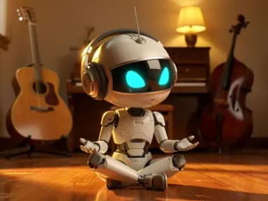 A chibi white robot wearing large studio headphones, sitting cross-legged in a cozy music room with an acoustic guitar, cello, and upright piano. Hands open in its lap, head tilted, listening.
