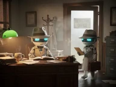 Two chibi sci-fi robots in matching trenchcoats and fedoras in a 1940s detective office. One sits at a wooden desk with a green banker's lamp and an open case file. The other has just stepped through a frosted-glass office door, holding a folder and briefcase.