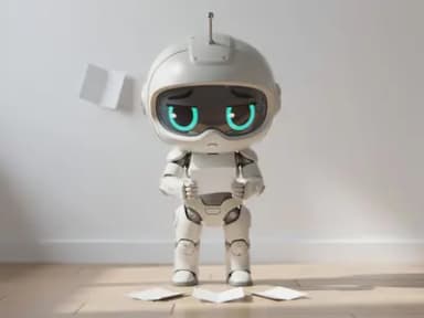 A small chibi robot stands on a wooden floor holding a blank folded paper ticket, with several more identical blank tickets scattered around her feet.