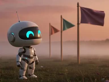 A small chibi white-armored robot stands in a misty dusk field looking up at three wooden flagpoles arranged in a receding row, with the farthest pole dramatically taller and a long banner streaming in the wind.