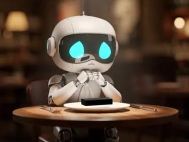 A chibi off-white robot with cyan teardrop eyes seated at a small wooden bistro table in a warm dim restaurant. On a white ceramic plate before it sits a single thick solid black bar like an em dash. Fork and knife flank the plate. The robot leans forward with hands clasped near its mouth, looking at the plate with longing.