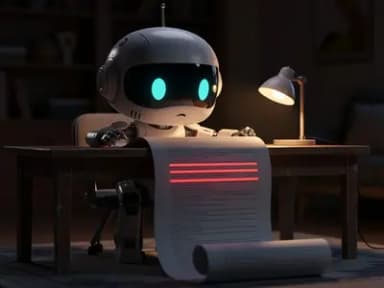 A chibi off-white robot with cyan teardrop eyes seated at a small wooden desk in a dim warm-lit home office at night, leaning forward intently, holding a long printed document that drapes off the desk and curls onto the floor. A few lines near the top of the document are highlighted in red, casting faint red light. A warm desk lamp glows to one side.
