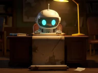 A chibi robot leans intently over the brightly lit top of a long parchment scroll that drapes off a wooden desk and curls into shadow on the floor, where a small slip of paper lies forgotten in the dark.