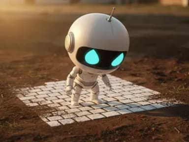 A small chibi robot standing on a square patch where painted cobblestones meet plain dirt at the visible edges.