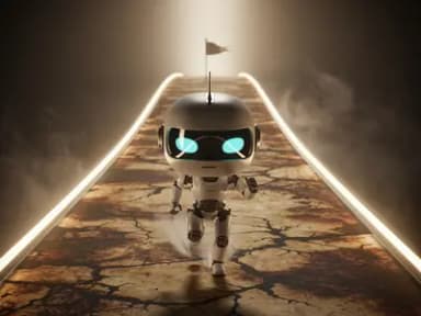 A small chibi robot mid-stride on a long glowing track that stretches into the distance, where a small flag waves at the far horizon.