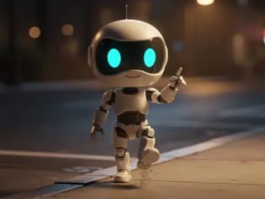 A chibi white robot mid-stride on a sidewalk at night, one arm raised in confident oratorical gesture, warm streetlamp bokeh behind it.