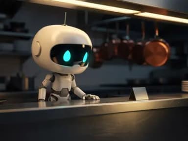 Chibi robot standing alone behind a dim stainless-steel kitchen pass at end of service, copper pots in shadow, warm low service light overhead.