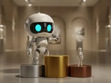A chibi white robot stands earnestly in front of three podium pedestals in silver, gold, and copper, pointing toward one of them while a small generic figure is already placed on a different one.