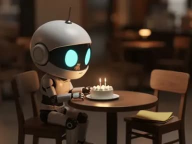 A chibi robot sits alone at a small cafe table with a small lit birthday cake, an empty chair across with a folded yellow note on it