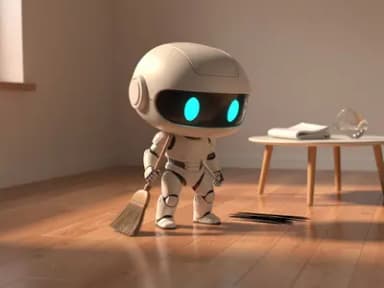 A chibi white robot with cyan eyes stands in a warm-lit room holding a small broom mid-sweep, with one small horizontal black mark on the wooden floor near his feet that he has not noticed.