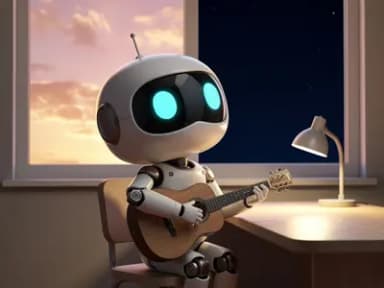 A chibi off-white robot with cyan eyes sits at a small desk holding a tiny acoustic guitar, looking up at a large window split into sunrise on one side and starry night on the other.