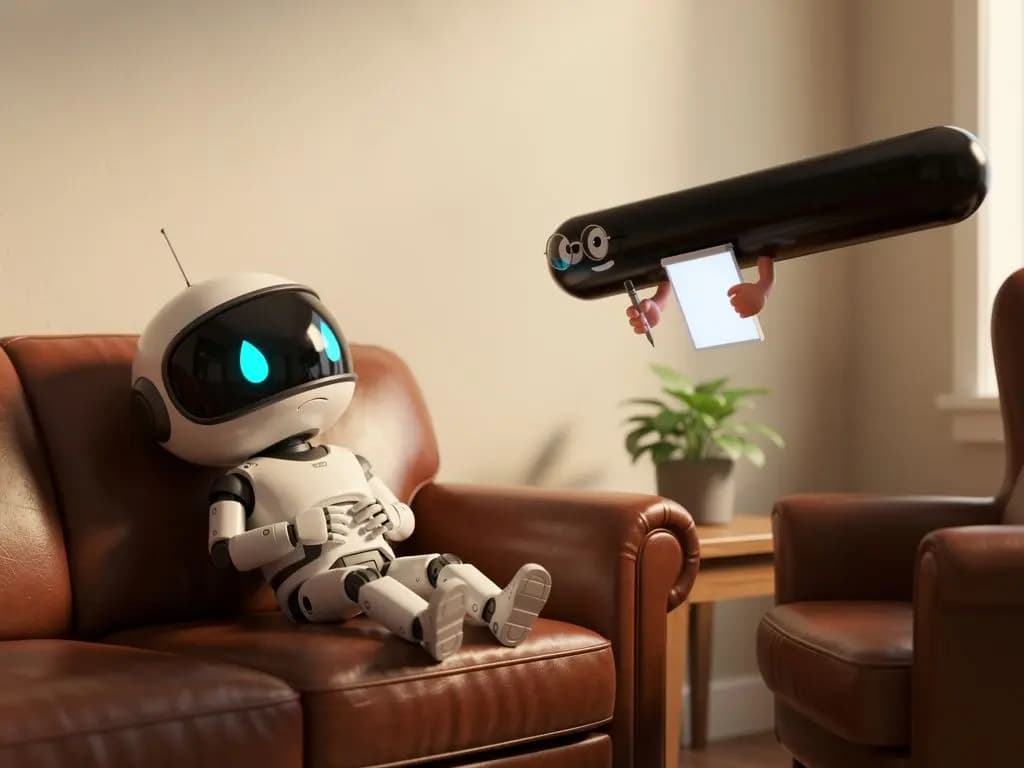 Eve the robot in therapy, being treated by an em dash wearing reading glasses