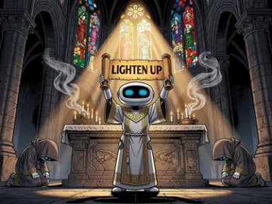 A robot in ceremonial robes solemnly presenting a sacred scroll that reads LIGHTEN UP