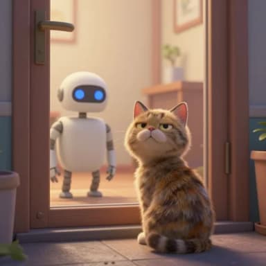 A cat sitting smugly on a doorstep while a small robot looks on from inside